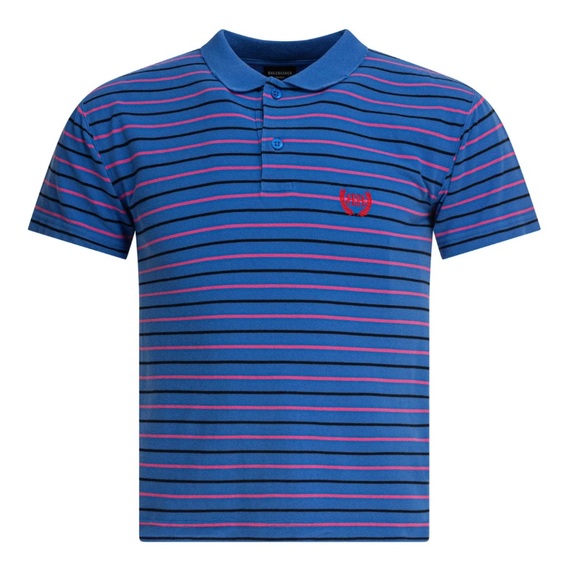 BALENCIAGA Blue and Pink Striped Polo Shirt.UNISEX